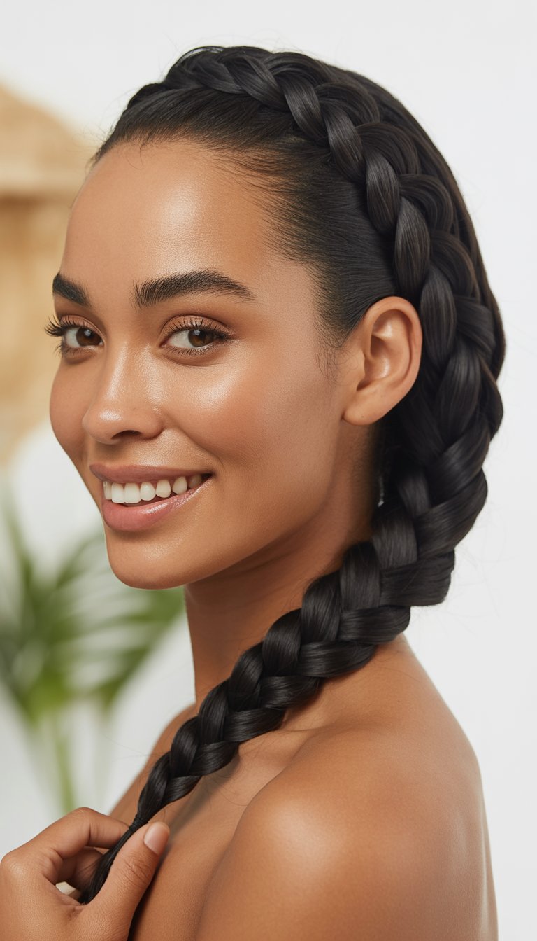 A Black woman with a side French braid smiling gently against a blurred neutral background.